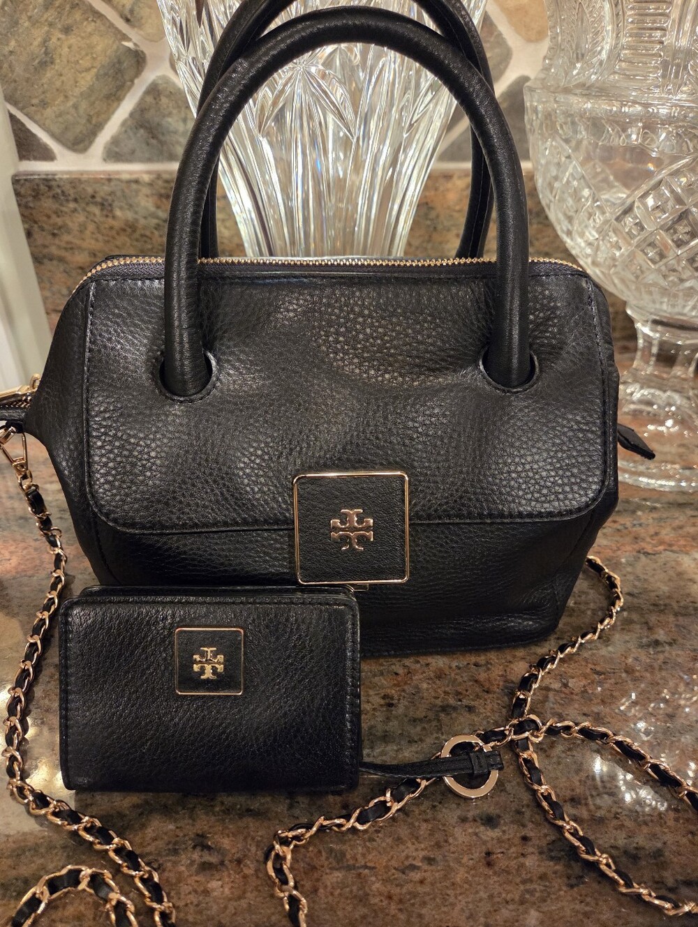 Tory Burch Black Leather Satchel with Matching Wallet